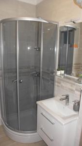 a shower with a glass door next to a sink at Apartment Tea with Sea View in Petrcane