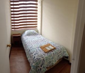 a small bedroom with a bed and a window at Departamento Centro Temuco 3D, 2B, Familiar, Piscina, Estacionamiento in Temuco