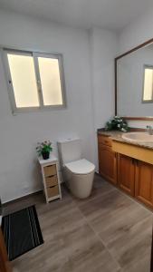 a bathroom with a toilet and a sink and a mirror at Apartamento Tirant lo Blanc in Torrent
