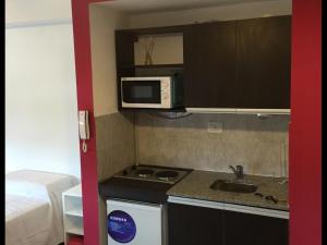 a small kitchen with a sink and a microwave at Estudio San Lorenzo in San Miguel de Tucumán