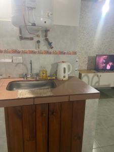 eine Küchentheke mit einem Waschbecken und einem Laptop in der Unterkunft Cassanova I in San Luis