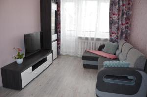 a living room with a couch and a television at City apartament in Jelgava