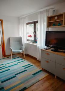 sala de estar con TV y silla en Anca's Haus, en Schwanstetten