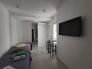 a living room with a couch and a flat screen tv at Room near the sea in Marbella