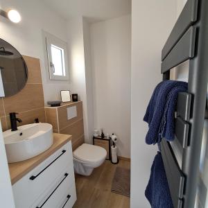 La salle de bains est pourvue d'un lavabo et de toilettes. dans l'établissement Studio climatisé cosy avec grande piscine chauffée, au Cap d'Agde