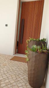 une plante dans un grand pot assis devant une porte dans l'établissement Villa Algarve, à Alcantarilha