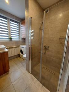 La salle de bains est pourvue d'une douche avec une porte en verre. dans l'établissement Noclegi pod 5-tką, à Sandomierz