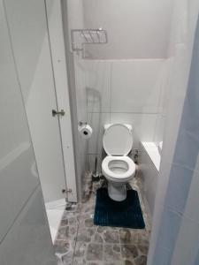 a small bathroom with a toilet with a blue rug at Mila Lodge 2 in Cape Town