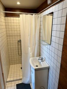 a bathroom with a white shower curtain and a sink at Barn Guest House in Kazitiškis