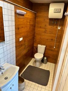 a bathroom with a toilet and a sink at Barn Guest House in Kazitiškis
