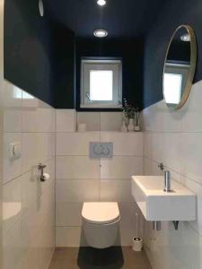 een badkamer met een toilet, een wastafel en een spiegel bij Sfeervol vakantiehuis op de Veluwe 2-6 personen in Putten