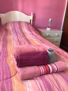 Dormitorio rosa con cama con sábanas moradas en Experiencia Olivos en Florida