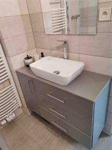 bagno con lavandino bianco e specchio di Chaloupka v Pošumaví a Sušice