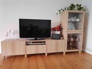 a wooden entertainment center with a flat screen tv at Chaloupka v Pošumaví in Sušice