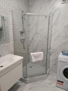 y baño con ducha, lavabo y lavadora. en Apartments Domovik Трьохкімнатна квартира , європейського стилю en Mukacheve