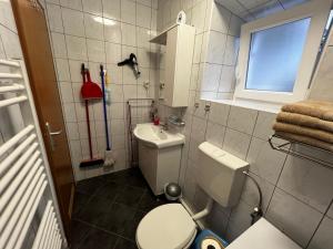a small bathroom with a toilet and a sink at Jakov Apartments in Orebić