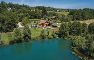 eine Luftansicht eines Hauses neben einem See in der Unterkunft Beautiful Home In Gornji Zvecaj With Sauna in Gornji Zvečaj