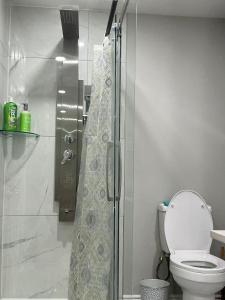 La salle de bains est pourvue d'une cabine de douche et de toilettes. dans l'établissement Hestia Unit, à Kitchener