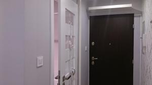 un pasillo con una puerta negra y un espejo en 1 Bedroom City Center Apartment, en Katowice