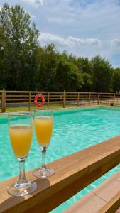 阿爾托帕蕭的住宿－Sibolla Holidays，两杯橙汁坐在游泳池旁