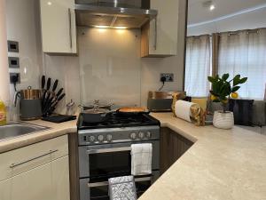 VaLa VistA - Holiday Home On The Beach في Jaywick Sands: مطبخ مع موقد ومغسلة