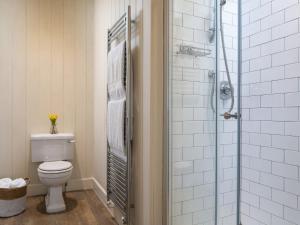 a bathroom with a toilet and a shower at Flagstaff in Beaumaris