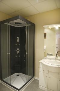 a bathroom with a shower and a sink at Hôtel Des Arceaux in Saint-Sever