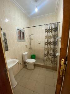 a bathroom with a toilet and a shower and a sink at Appart'hotel britannia in Yaoundé