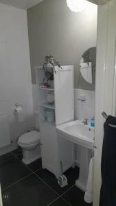 a white bathroom with a toilet and a sink at Quirky mid century themed holiday home in Shepton Mallet