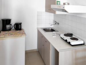 uma cozinha com um lavatório e uma torradeira num balcão em Sunflowers Apartments em Marathokampos
