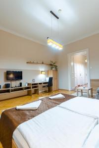 a bedroom with two beds and a flat screen tv at City Center Apartment Debrecen in Debrecen