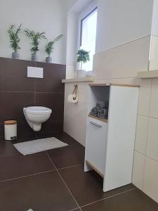 a bathroom with a toilet and plants on the wall at Ferienwohnung Sonneberg in Sonneberg