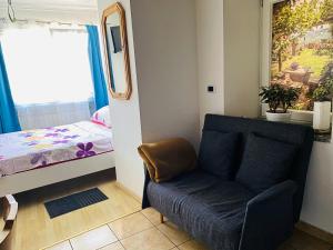 ein Wohnzimmer mit einem Stuhl und einem Bett in der Unterkunft Apartment Alina in Cadegliano Viconago