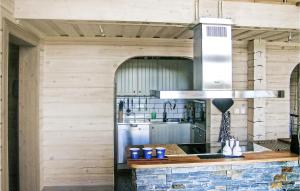 a kitchen with a counter with blue cups on it at Lovely Home In Trysil With House A Mountain View in Mælem