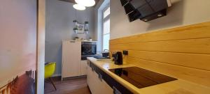 a kitchen with a counter and a sink in a room at Pod Mewą Sopot Monte Cassino NEW in Sopot
