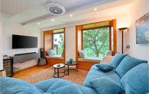 ein Wohnzimmer mit einem blauen Sofa und einem TV in der Unterkunft Lovely Home In Donja Poljana With Sauna in Donja Poljana