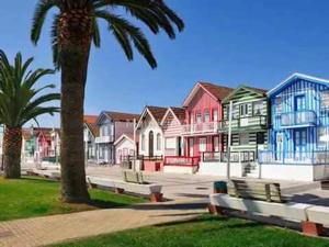 una fila de casas con una palmera y un parque en Casa de Coco, en Vila Nova de Poiares