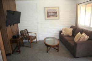 ein Wohnzimmer mit einem Sofa und einem TV in der Unterkunft Little European Lodge in Carmel Valley