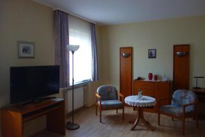 ein Wohnzimmer mit einem TV, 2 Stühlen und einem Tisch in der Unterkunft Hotel Lex in Hagen