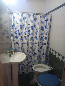 baño con aseo y cortina de ducha azul y blanco en MARILYN en Córdoba