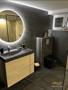 a bathroom with a sink and a mirror and a toilet at Loveroom Metz Spa Privatif in Metz