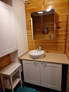 W łazience znajduje się umywalka i lustro. w obiekcie Katiskosken joenrantamökki w mieście Hämeenlinna