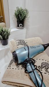 a blue blow dryer sitting on top of a bathroom sink at Silver Star Zlatibor in Zlatibor