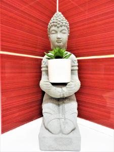 uma estátua de uma mulher segurando uma planta em um pote em Léna Apartman - Eger em Eger