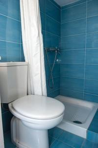 a blue bathroom with a toilet and a shower at Attic flat ''Tsoukalas Group'' in Zakynthos
