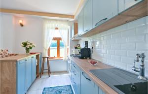 a kitchen with blue cabinets and a counter top at Stunning Home In Konjscina With House A Panoramic View in Husinec