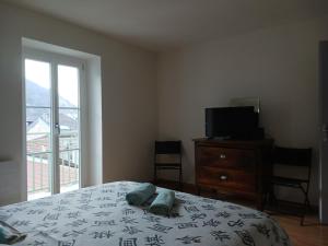 sypialnia z łóżkiem, telewizorem i oknem w obiekcie T2 50m2 résidence les Acacias Vue Dégagée Montagne w mieście Ax-les-Thermes