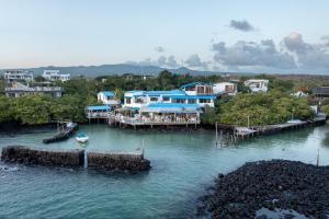 um grupo de casas numa doca na água em Blu Galapagos Sustainable Waterfront Lodge em Puerto Ayora