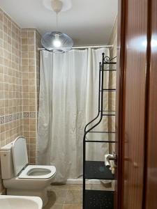 a bathroom with a toilet and a shower curtain at Viv.Vacacion. Lucía: Apartamento céntrico Ingenio. in Ingenio