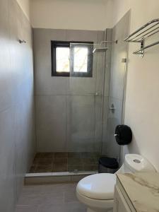 a bathroom with a shower and a toilet and a sink at Tramonto Boutique Hotel in La Ceiba
